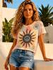 Women's Spring Summer Crew-Neck Short-Sleeve T-Shirt Soft-Toned Tie-Dye with Sun and Peace Symbols Casual Vacation Top
