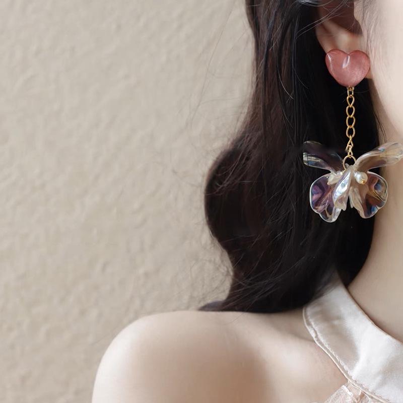 925 Silver Pink Heart Flower Butterfly Tassel Earrings - Sweet, Elegant, and Whimsical Design