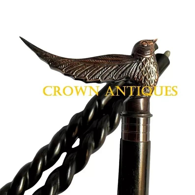 Victorian Bird Handle Walking Stick Designer Walking Cane Wooden Spiral Cane