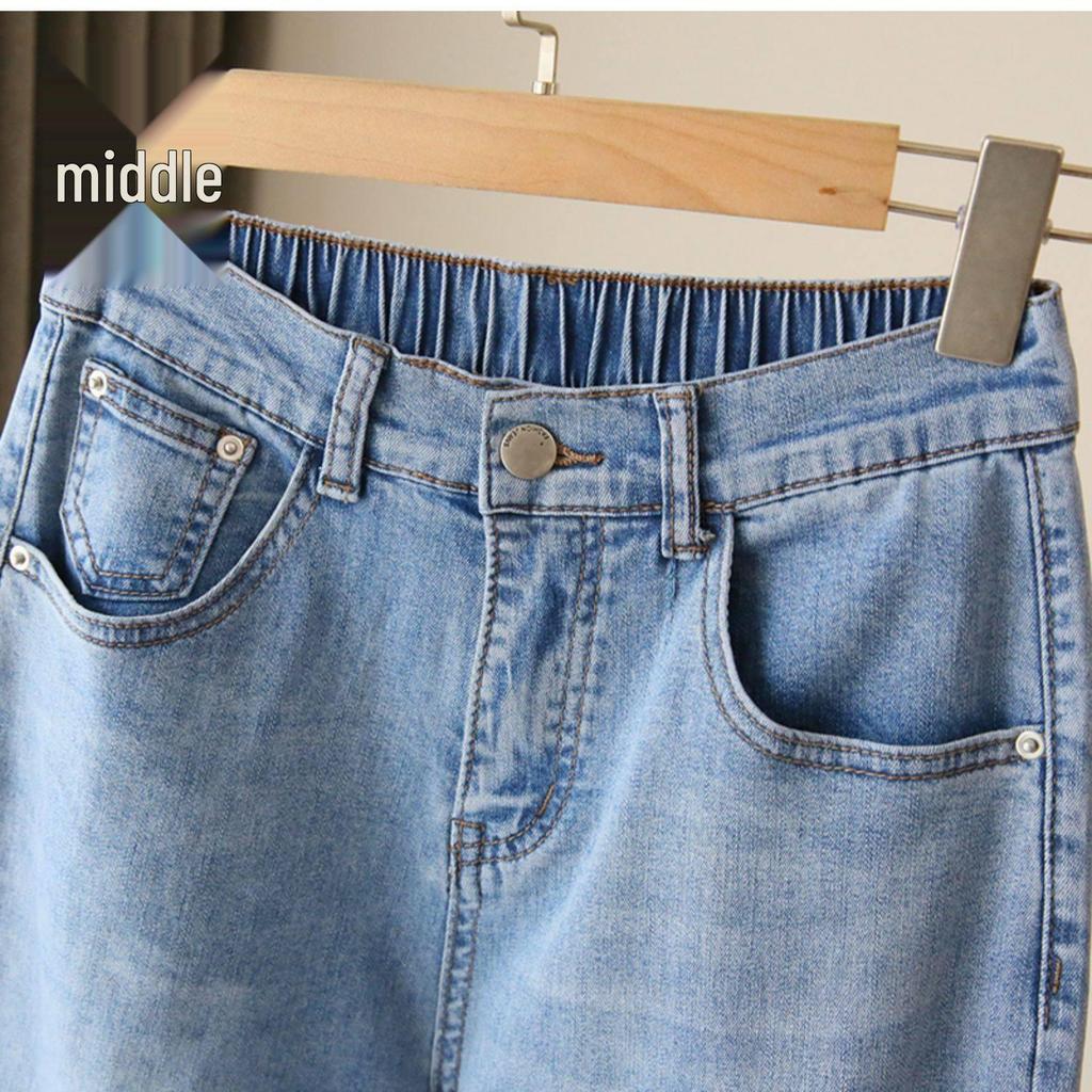 Women's High-Waist Stretch Jeans, 2024: Loose Fit, Straight Slim, Large-Size, Elastic Waist, Nine-Point Length, Harem Style.