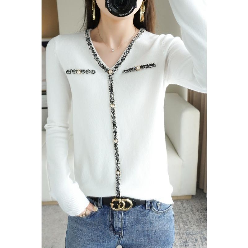 

24 Весна новый вязаный с длинным рукавом V-образный вырез короткий жакет женская базовая рубашка свободный и универсальный имитация кардигана XXL белый