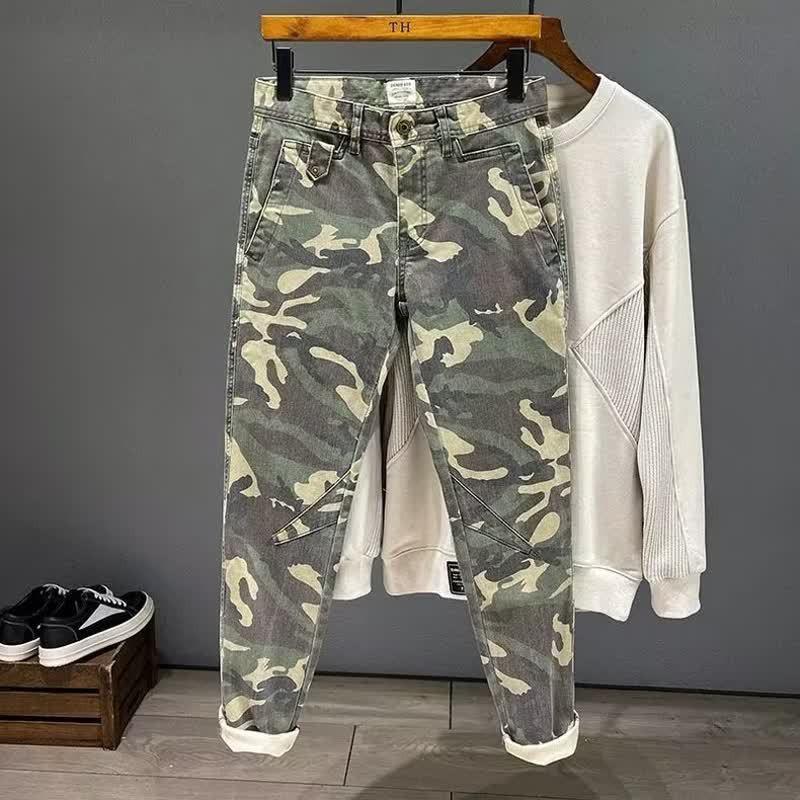 Mens Casual Straight Fit Camo Cargo Jeans With Color Block Detail Slightly Stretchy Cotton Blend Low Waist
