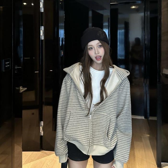Женский кардиган в американском ретро-корейском стиле с капюшоном и полосками - Осень, свободный крой S