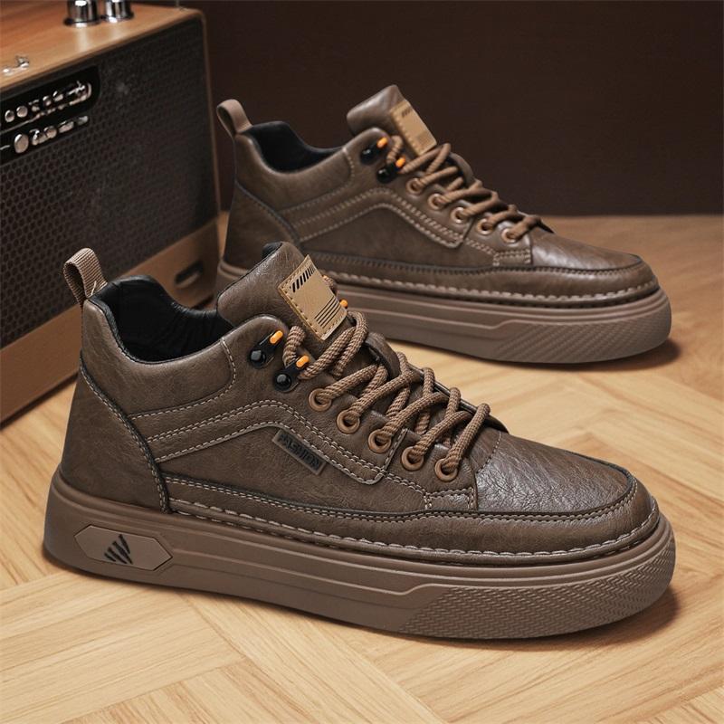 Men's Casual Leather Shoes 2026 Autumn New Non Slip High Top Vintage Workwear Boots Lace Up Height Increase Comfort Board Shoes
