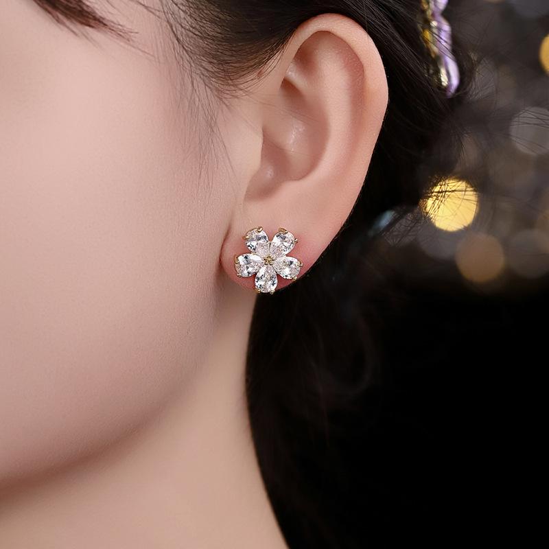 925 Silver Korean-Style Zircon Stud Earrings: Five-Petal Flower Design