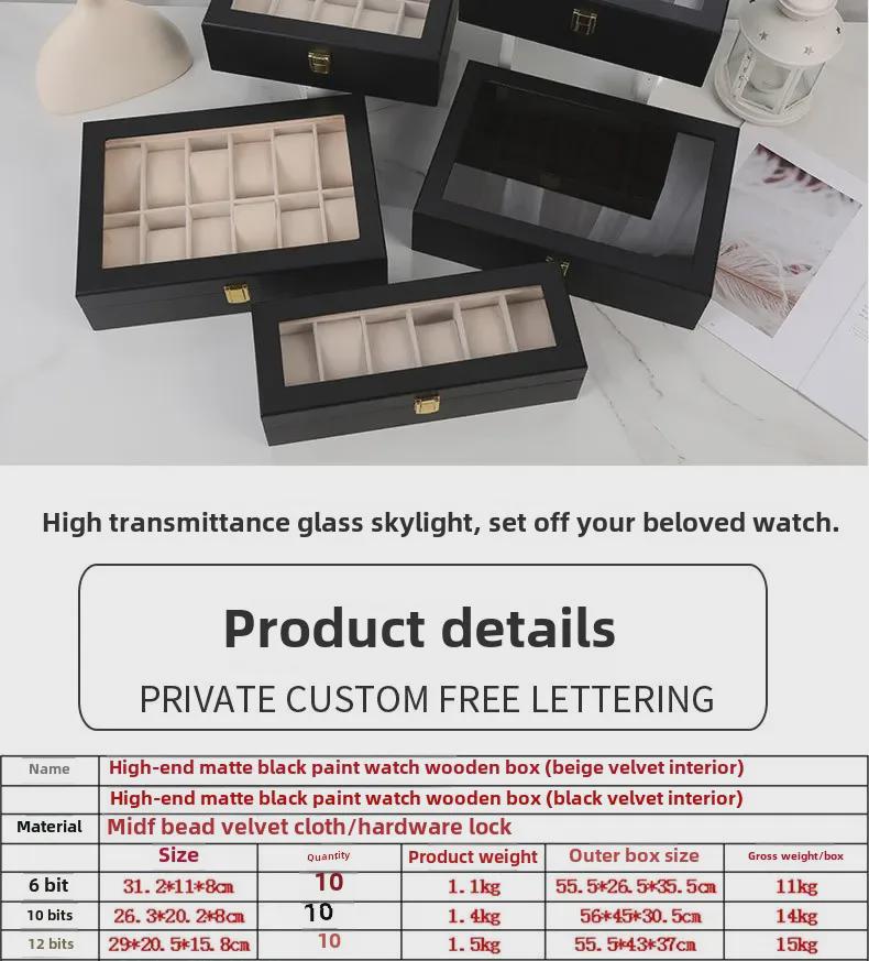 Luxusní dřevěná krabička na hodinky v evropském stylu s průhledným odklápěcím víkem a přezkou, červený 12místný displej