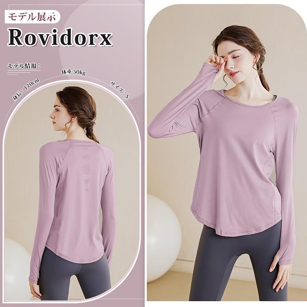 Rovidorx Long Sleeve Yoga Loose Fit with Thumb Perfect for Gym Wear and UV and Size Women's T-Shirt, Holes, Training, Protection, Sweat-Wicking,