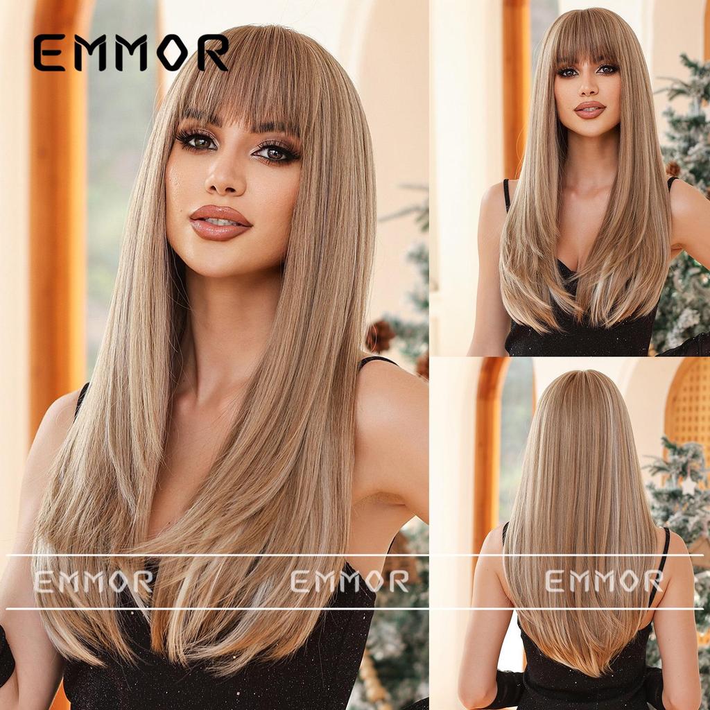 Perruque brune longue et lisse avec frange: Ensemble de tête complète de style européen et américain, à la mode et naturel