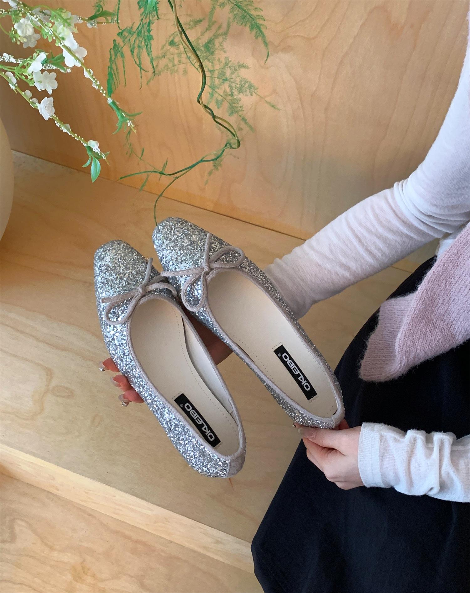 Women s Silver Flat Spring French Style Feminine for Dresses Pumps - Fashionable Footwear 35