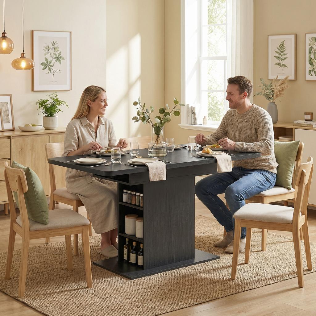 Extendable Dining Table for 4-6 People, 110-130cm Kitchen Table with 6 Open Shelves, Black