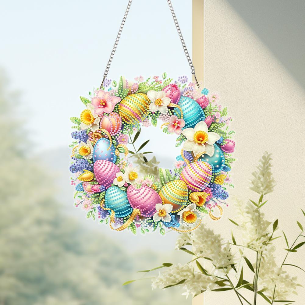 Acrylic Special Shape Easter Egg Wreath 5D DIY Diamond Painting Dots Pendant Diamond Painting Ornaments for Garden Window Decor