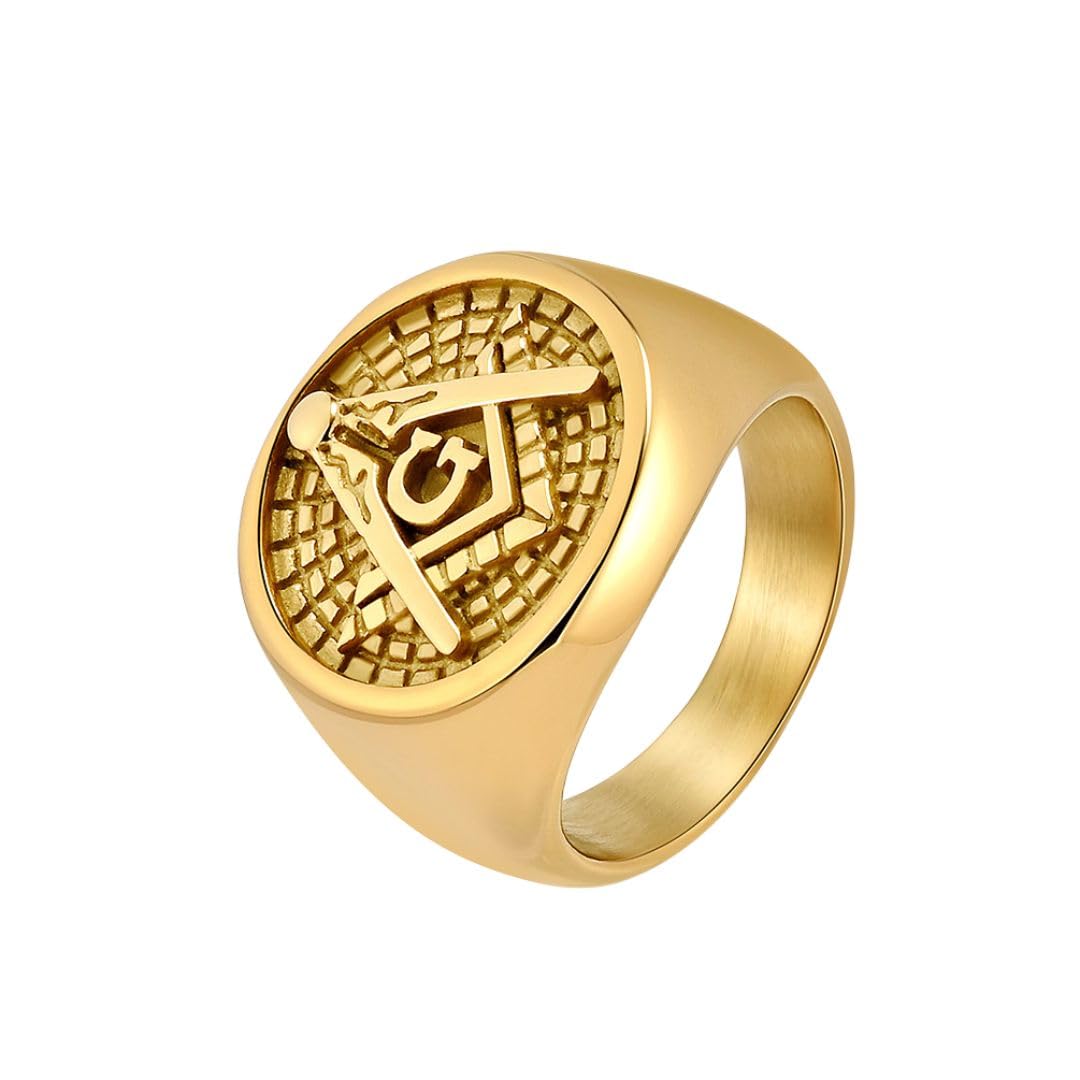 

[Magic of Sedona] Freemason Stentes Men s Signet Ring [Gold] [US Size 9]