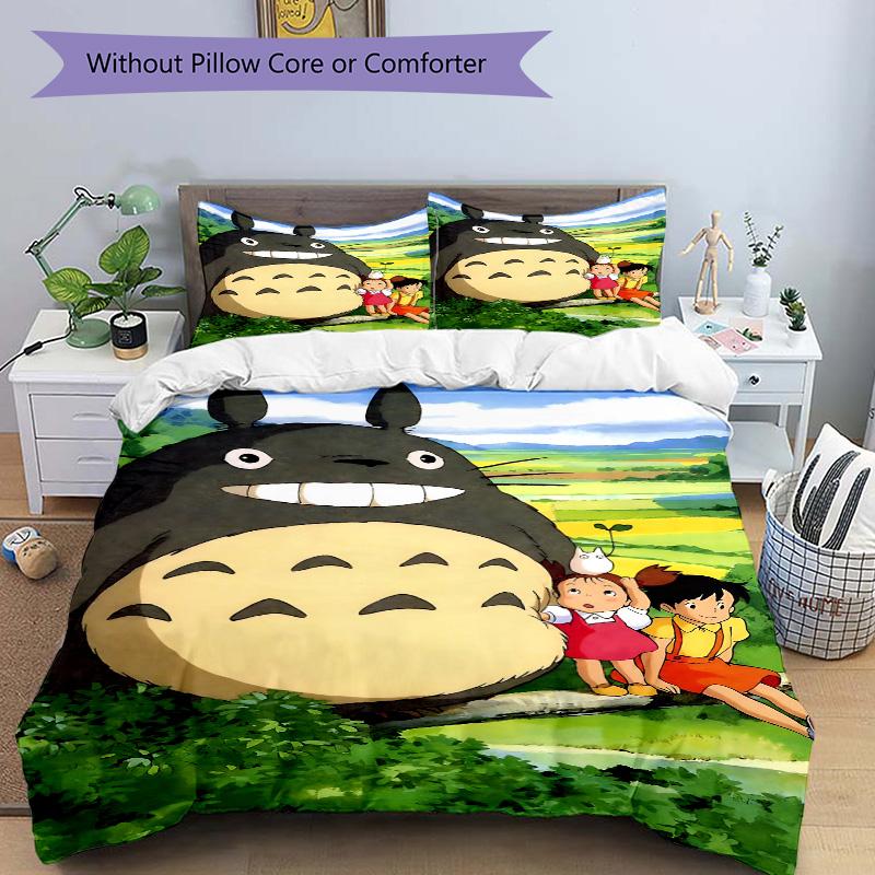 Nachbar Totoro Abenteuer Druck 3-teiliges Bettwäsche-Set Bettbezug mit 2 Kissenbezügen Zuhause Geburtstagsgeschenk