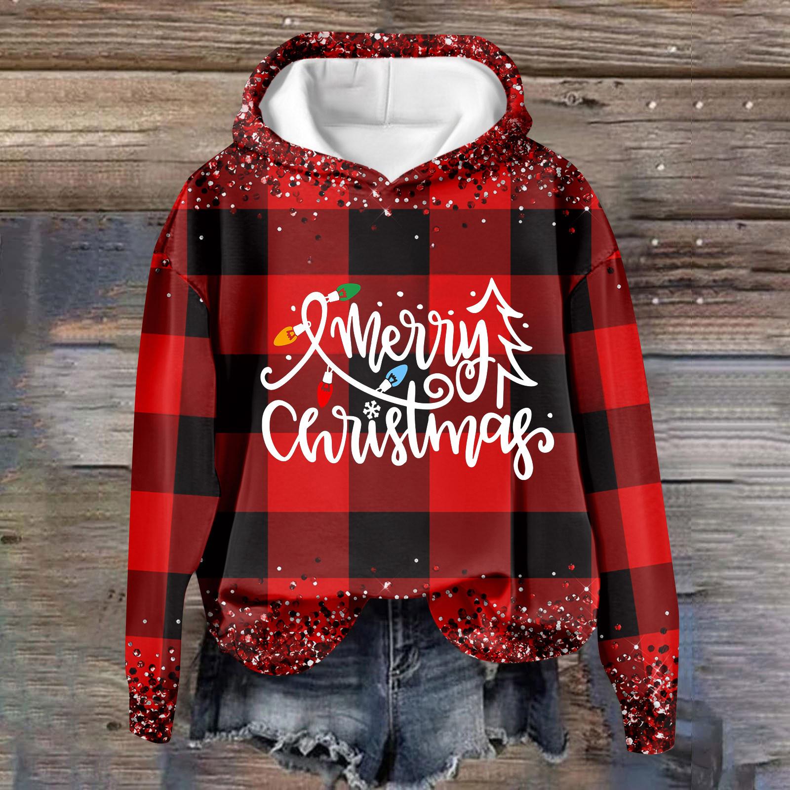 

Женская повседневная мода рождественский принт длинный рукав O-образный вырез пуловер толстовки S белый