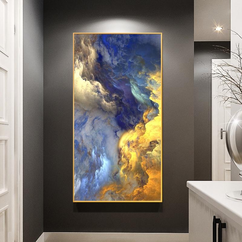 Abstract Golden and Blue Cloud Mist Nordic Wall Art Canvas Posters and Prints Modern Art Fantasy Picture for Living Room Decor