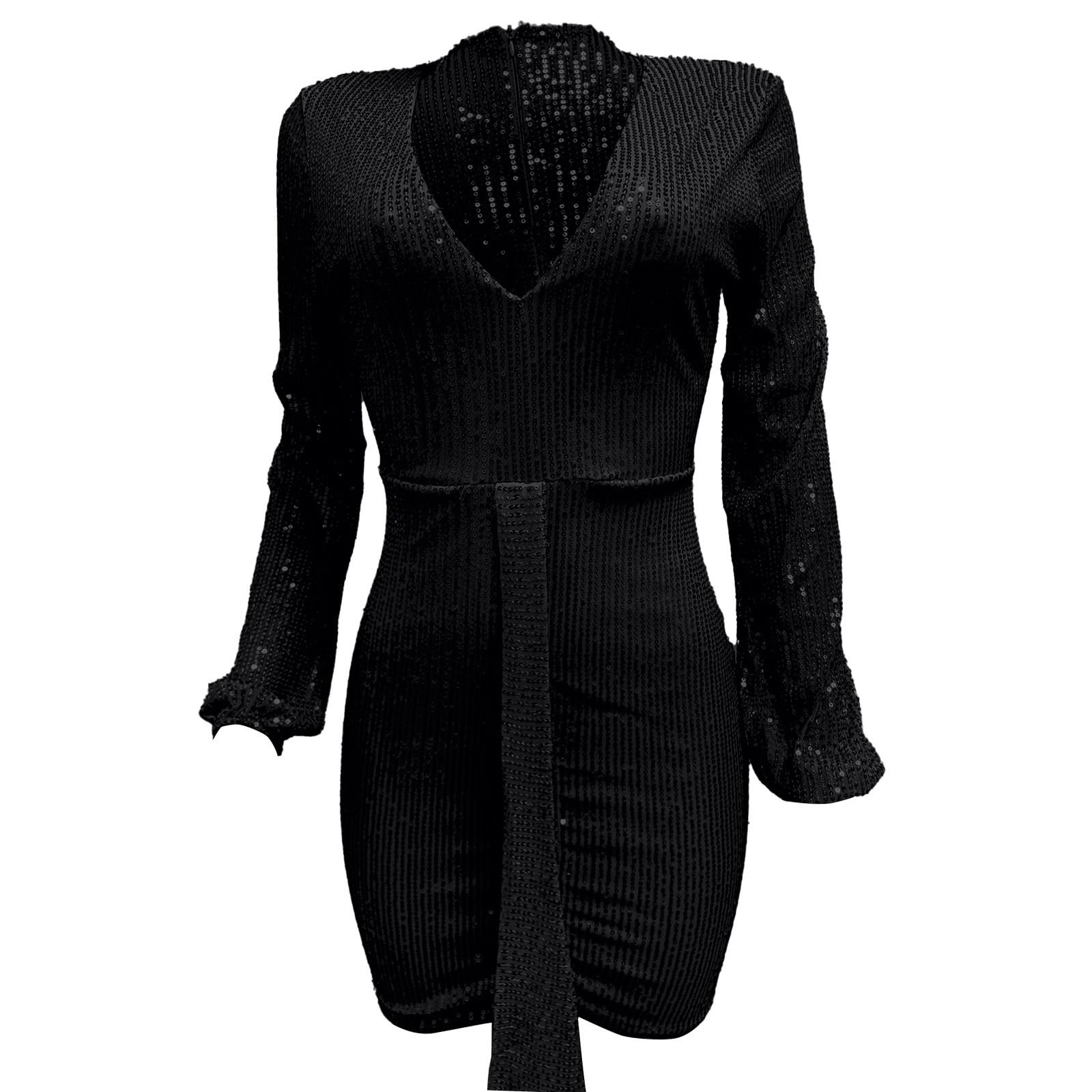 

Женское платье с глубоким V-образным вырезом, с длинными рукавами, пайетками, обтянутыми бедрами XXL чёрный