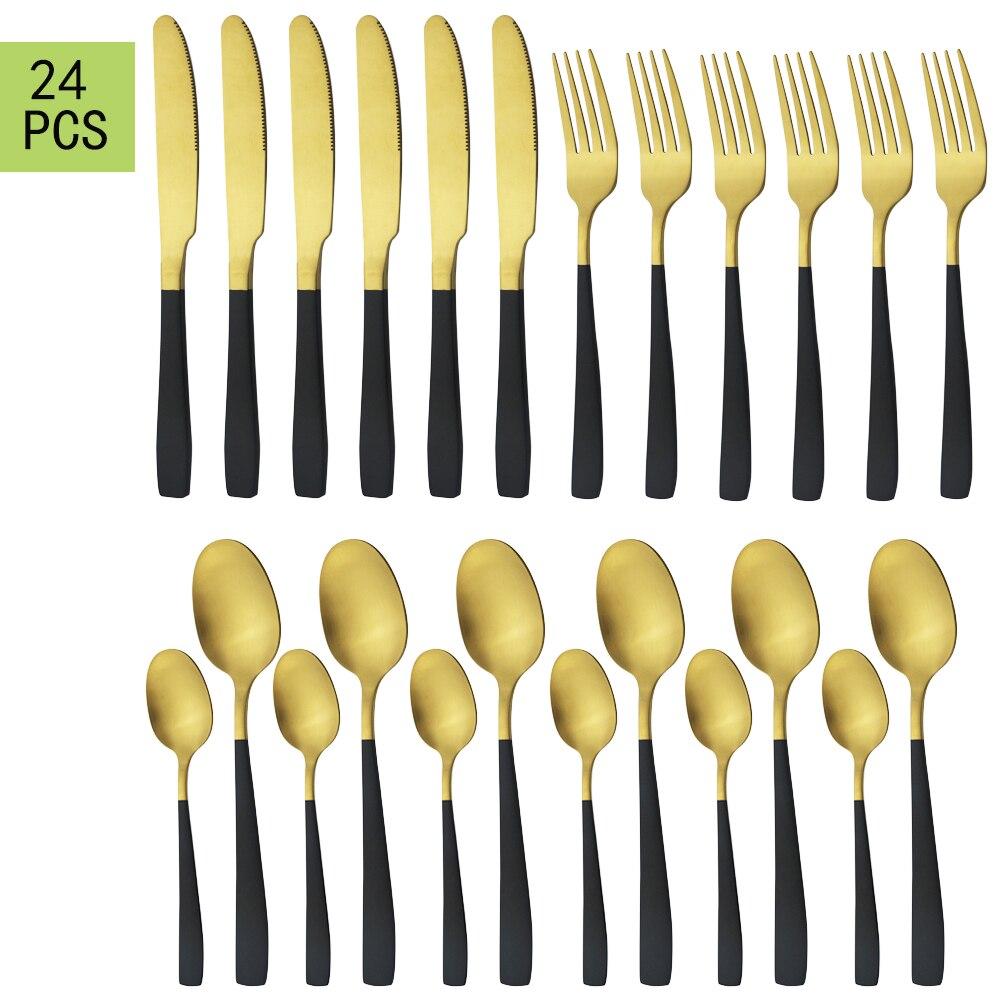 24ks Černé nádobí Nerezové příbory Večeře Nůž Lžíce Vidlička Dezertní lžičky Západní kouskové nádobí Sada kuchyňského nádobí