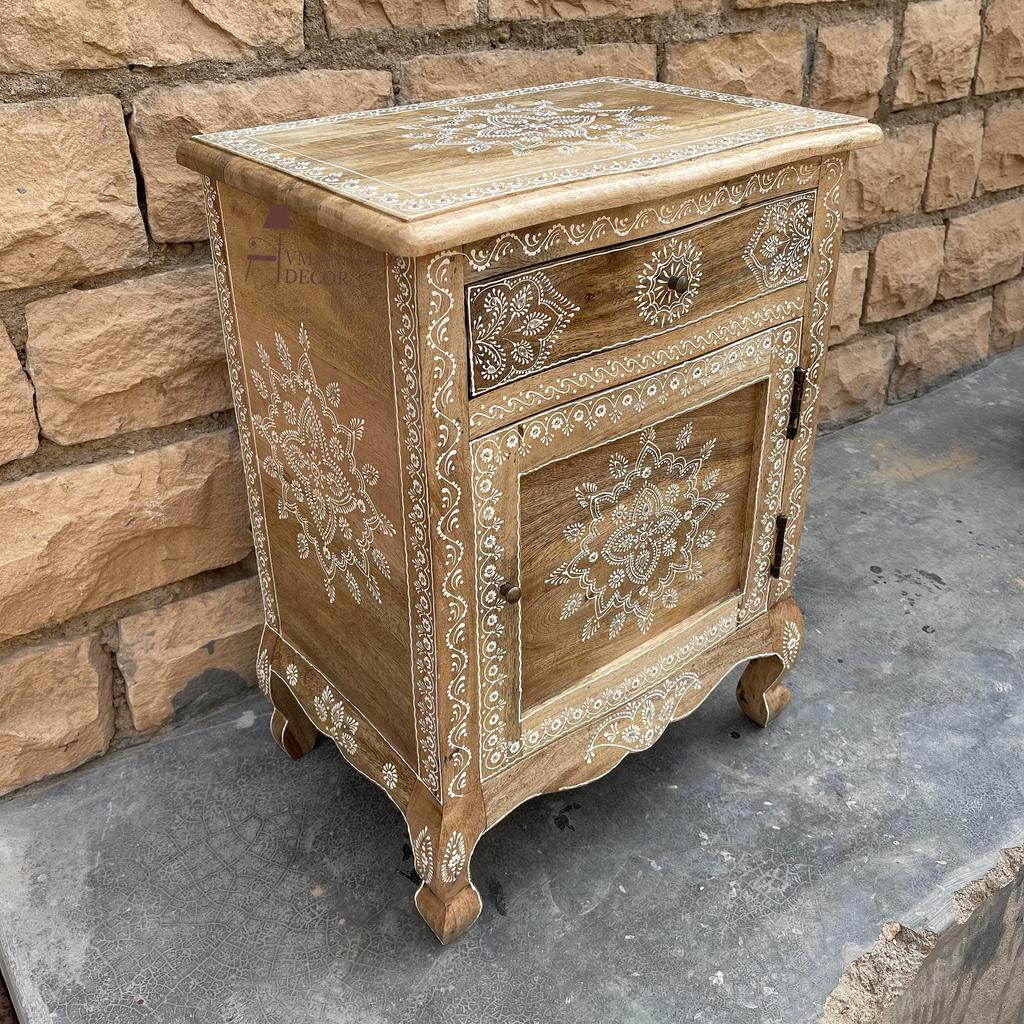 Wooden HandPainted Cabinet Drawer With Shelf, Wooden Bedside Drawer Desk,Indian Painted Nightstand Furniture Decor, Rajasthani Art Deco