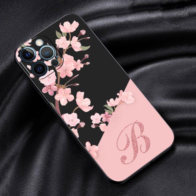 Case For Apple iPhone 14 13 11 12 Pro 7 XR X XS Max 8 Plus 6 6S SE 2022 13Pro Black Phone Funda Flower Letter Pink A B C Initial
