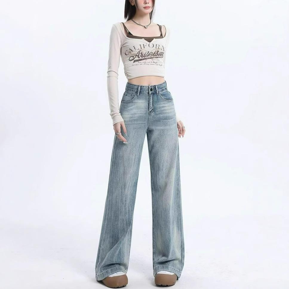 Vintage Wide-legged Jeans Women's Spring and Autumn High-waisted Loose Lethargy Wind Draping Not Sticking Straight Trailing Trousers Long Denim Pants