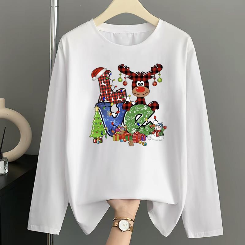 (Asian Size) Tree Watercolor Print T Shirt Christmas Holiday Graphic Tee Women Autumn Winter Casual Fashion Top Clothing Long Sleeve T-shirts