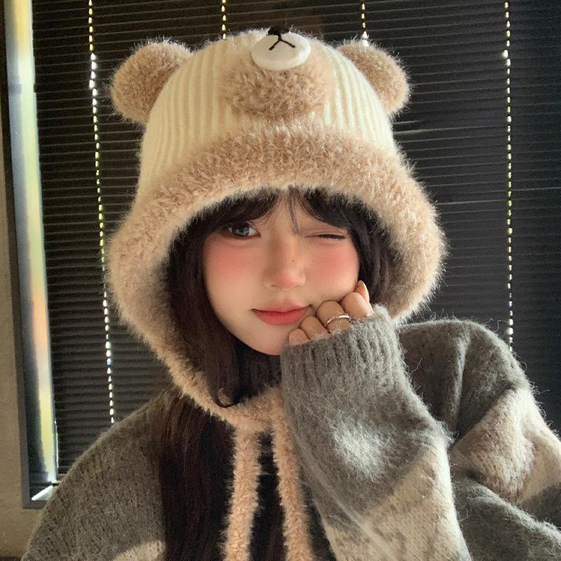 Cute bear plush hat female winter face small bucket hat warm ear protector tether basin hat knitted wool hat