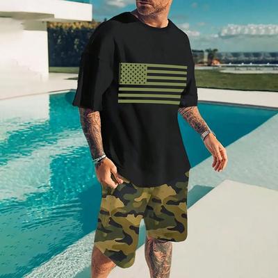 Summer Men's American Flag Printed Short Sleeve With Shorts Loose Two Piece Set Fashion Beach Round Neck T-Shirt Suit Sportwear