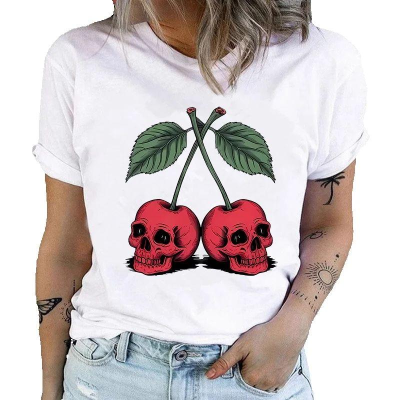 Polyester 100% Skeleton Cherry Horror Fashion Creative Trend Pattern Simple Round-neck Short-sleeved Casual Sports T-shirt S