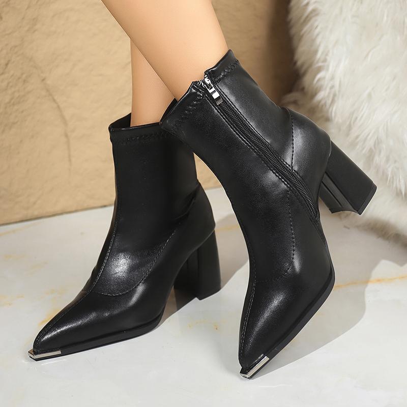 Fashion Autumn Winter Thick Heel Women Ankle Boot Fashion Zippers Metal Pointed Toe Shoes Ladies Modern Short Botas Para Mujer