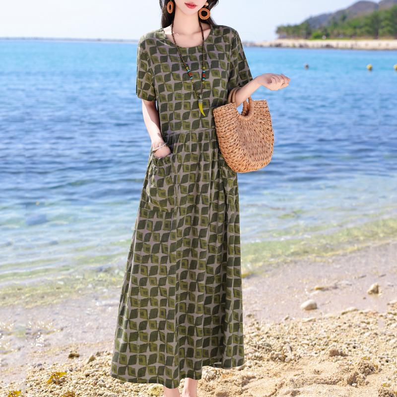 Vintage Print Lange Jurken voor Vrouwen Plus Size Korte Mouw Casual Zomerjurk Elegante Middelbare Leeftijd Dameskleding