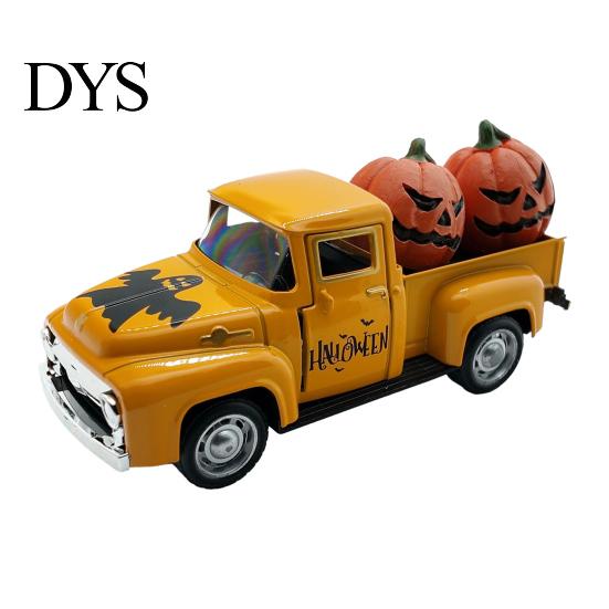Alloy Vehicle Model Halloween Pick-up Truck Figurine, Holding Pumpkin Vintage Car Statue, Miniature Ornament for Holiday Party Table Centerpiece Metal