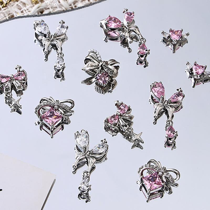 Nail Art Diamond Pink Zircon Bow Pendant Jewelry New Light Luxury Silver Butterfly Love Diamond