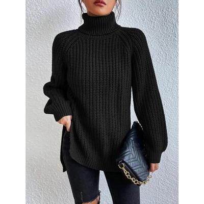 Herfst/Winter Zachte Gebreide Mode Raglan Lange Mouw Coltrui Split Trui Casual Warm Effen Middellange Pullover