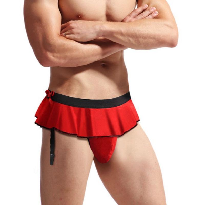 Men'S Sissy Skirted Ruffle Thong Panties Bowknot Low Rise G-String Bikini Briefs Underwear With 4 Gaters Belt Gay Sexy Lingerie