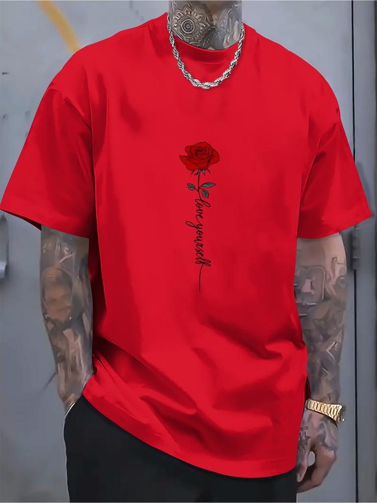 Men's T-shirt Summer Fashionable Casual Sports Loose Red Rose Pattern Printed Round Neck Short Sleeved Top
