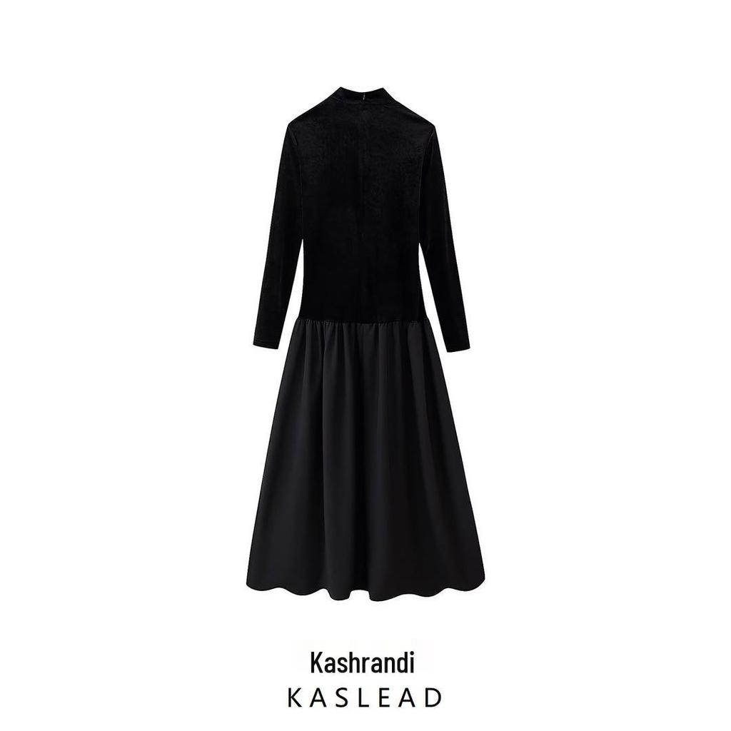 2025 Spring Women's European-American Velvet Patchwork Slimming Long Sleeve Dress