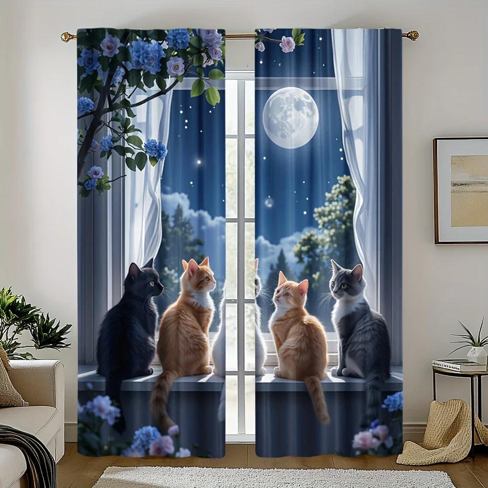 Flat Printed Dreamy Cat Printed Curtains   Pole Bag Curtains   Bedroom and Living Room   Home Decoration   Room Decoration