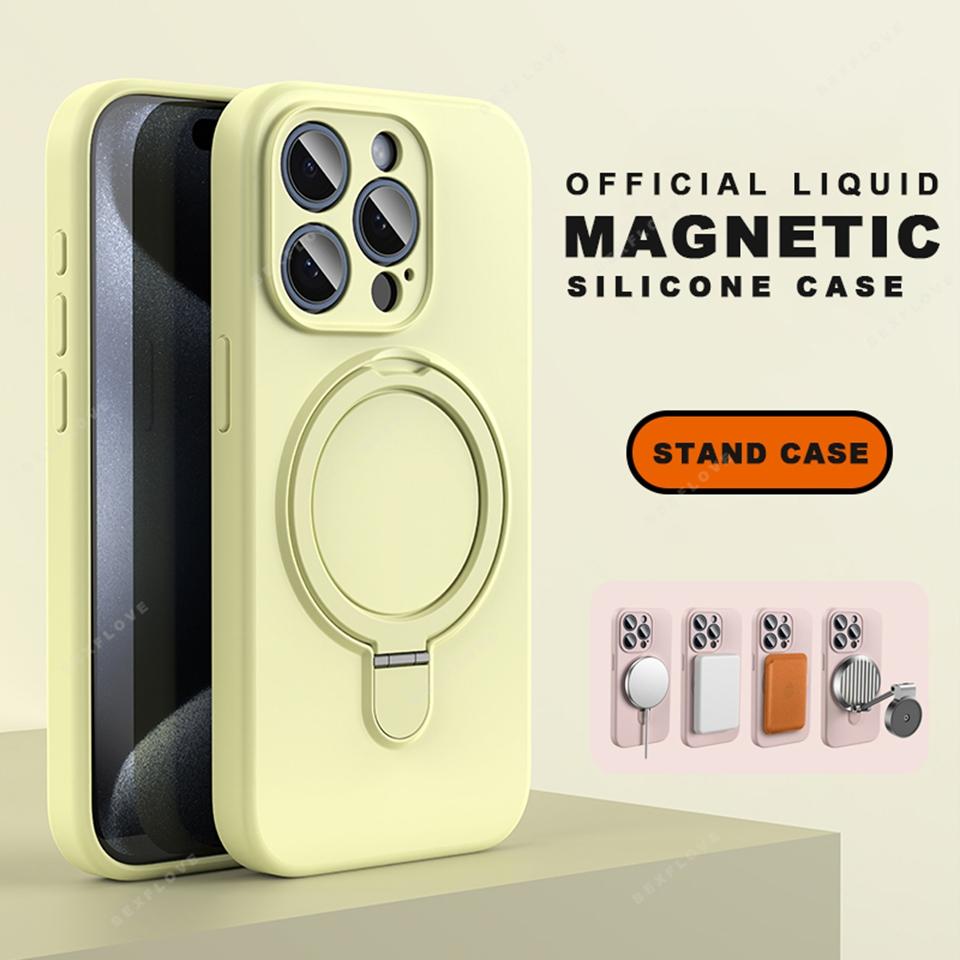 Magnetic Ring Holder Liduid Silicone Stand Phone Case For iPhone 15 14 16 Plus 11 12 13 16 Pro Max Magsafe Protector Soft Cover