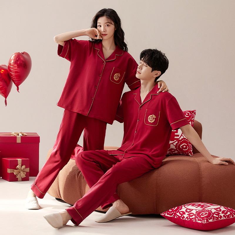 "New Red Cotton Couple's Pajama Set: Short-Sleeved Lapel Shirts & Trousers for Newlyweds"