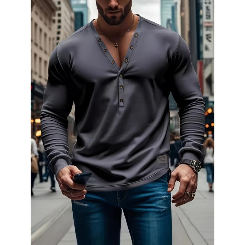 Men's Long Sleeve Henley Top Button Placket V-Neck Slim Fit Casual Daily Shirt