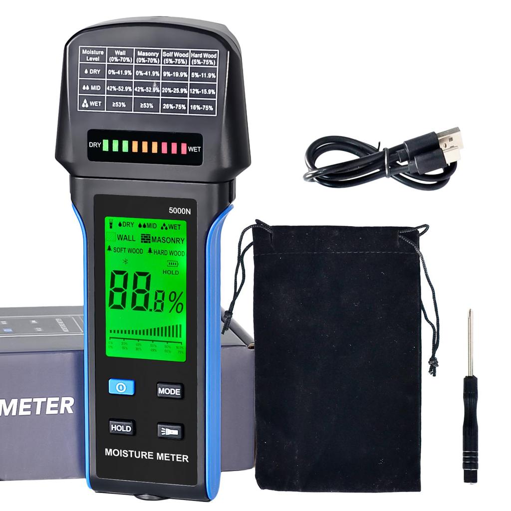 5000N Digitales Feuchtemessgerät für Holz, Wände & Mauerwerk | 4 Modi, ±4% Genauigkeit, LED-Balkendiagramm, Typ-C-Ladung, Automatische Abschaltung (128g)
