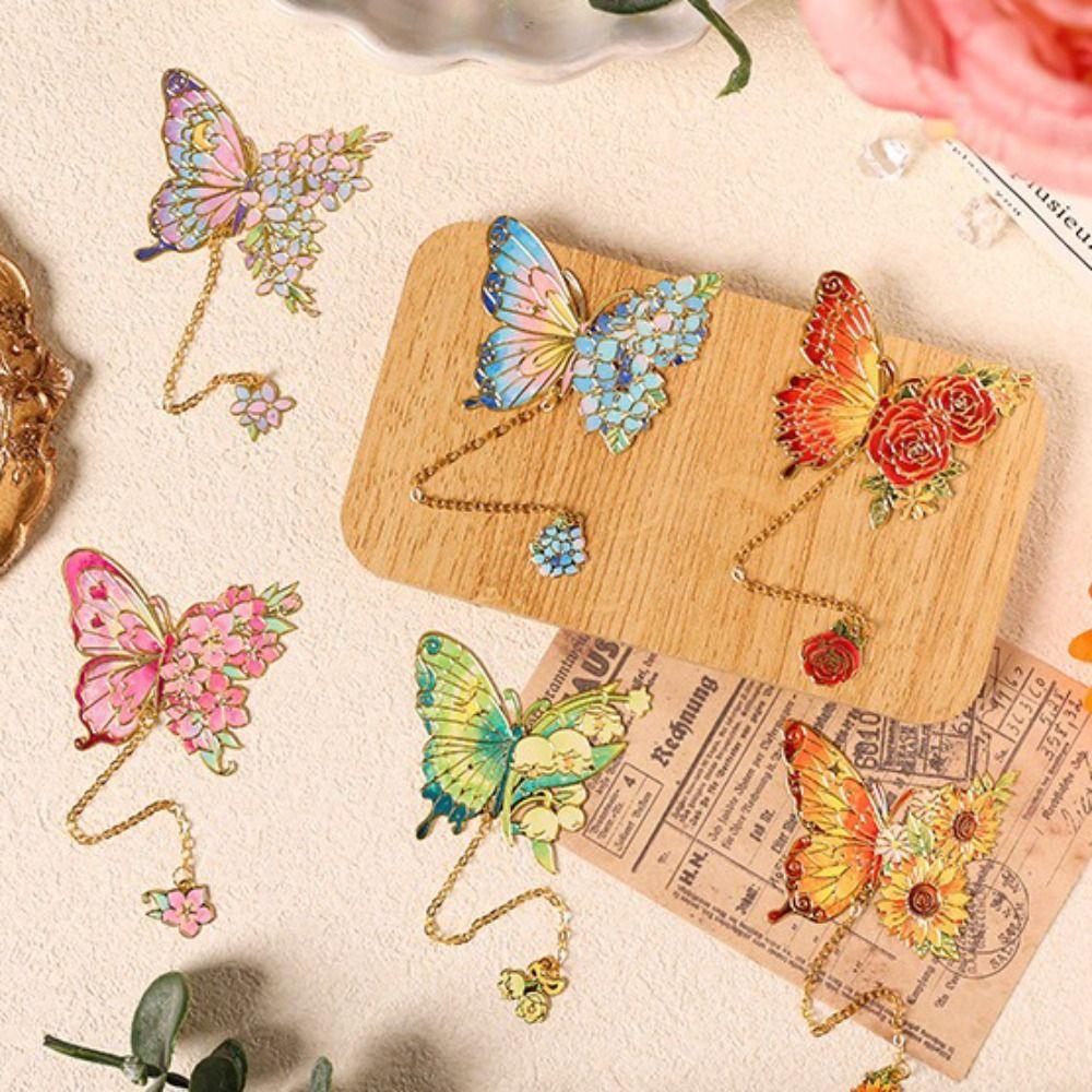 Tassel Chain Metal Butterfly Bookmark Hollow Flower Flower Painting Bookmark  For Book Lovers