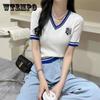 Short Ice Silk V-neck Summer Short-sleeved Knitted Sweater Women's T-shirt Small Thin Top Is Thin and Versatile