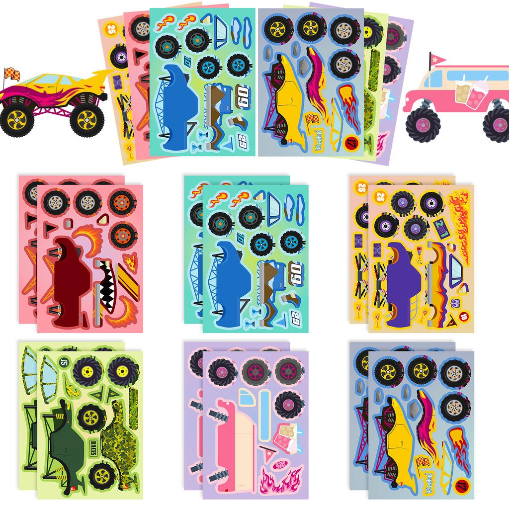 6 Pieces/package of Transportation Face Change Graffiti Stickers Cartoon Children's Racing Assembly Puzzle Stickers