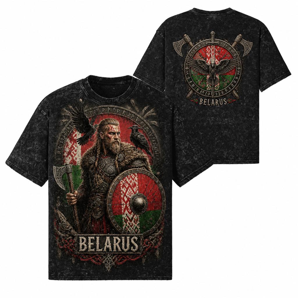 Belarus Viking Warrior Nordic Flag Axe T-Shirt 260 GSM | Oversized Snow Wash