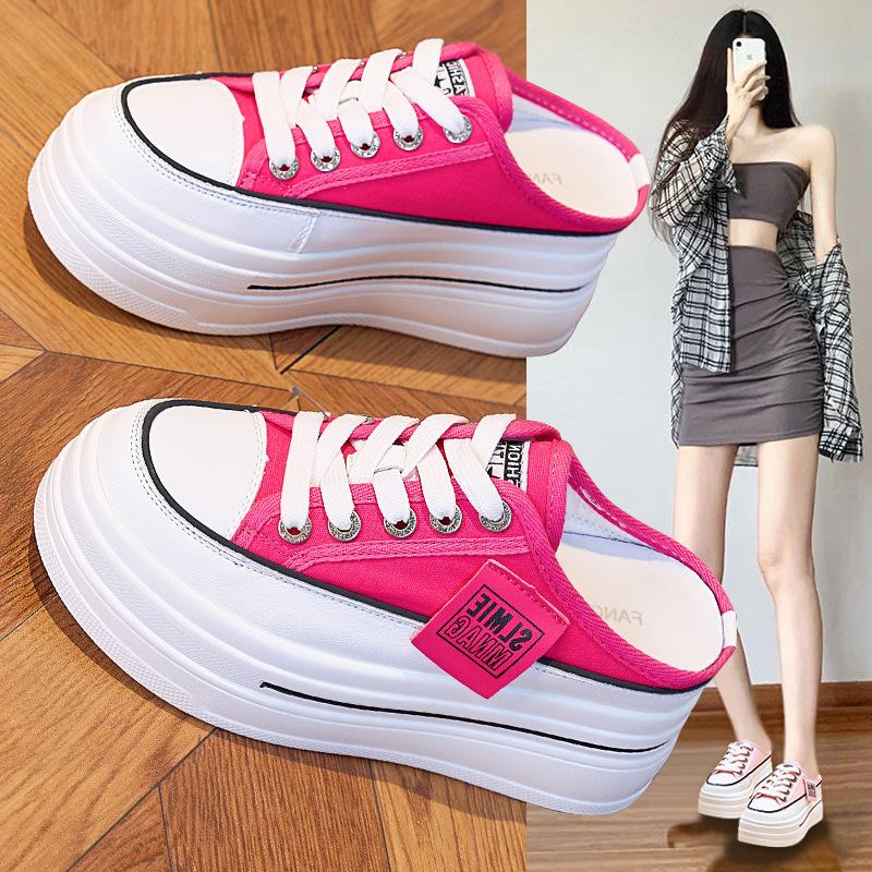 Thick-soled White Shoes for Women Summer Breathable Mesh Shoes Half Slippers All-match Sports Casual Platform Shoes