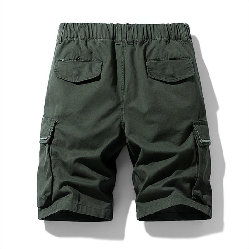 Mens Vintage Cotton Cargo Shorts Half Elastic Waist Multi Pockets Outdoor Trousers Men Knee-Length Casual Work Shorts
