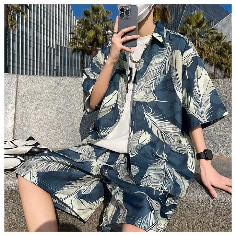 Travel Casual Men's Beach Pants Ice Silk Quick-drying Floral Shorts Seaside Resort Floral Shirt Hawaiian Suit