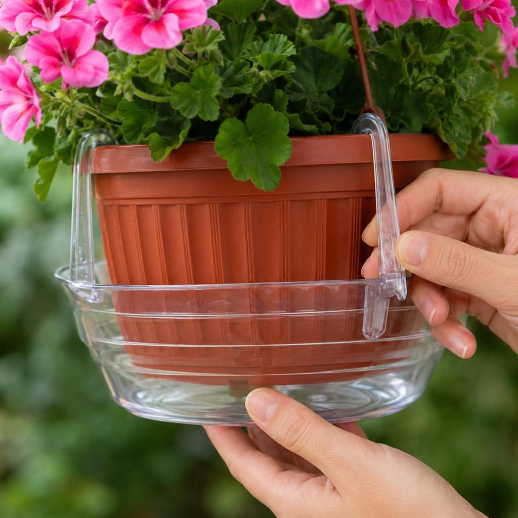 Transparent Plant Pot Saucer with Hanging Hooks Durable Plastic Material Suitable for Indoor Outdoor Use Protects Surfaces from Water Drainage
