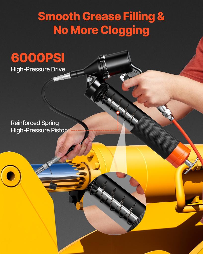 VEVOR Grease Gun, 6000 PSI High Pressure, Heavy Duty Pistol Grip Grease Gun Kit with 0.4 L Capacity, Includes 45.7 cm Flex Hose